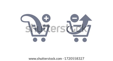 Add and remove products from shopping cart icon set, Shopping cart icon with arrow inside and outside, Buy vector sign, Shopping cart icon