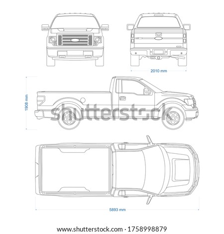 Pickup truck vector template. Truck blueprint. 4x4 car on white background. Mockup template for branding. Blank vehicle branding mockup.