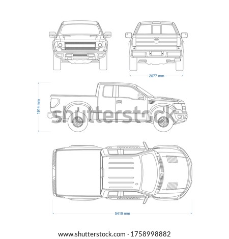 Pickup truck vector template. Truck blueprint. 4x4 car on white background. Mockup template for branding. Blank vehicle branding mockup.