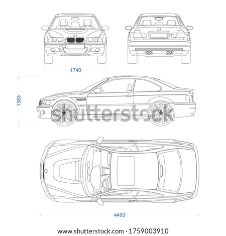 Coupe sport car vector template. Sport car blueprint. Car on white background. Mockup template for branding. Blank vehicle branding mockup.