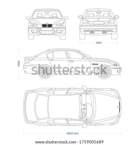 Executive car vector template. Sedan car blueprint. 5 door car on white background. Mockup template for branding. Blank vehicle branding mockup.