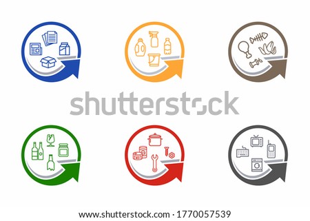 Different colored signs for separate recycling. Selective waste collection vector icon set. Recyclable materials for waste management labels.