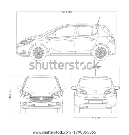Mini car vector template for car branding and advertising. Car set on white background. View from side, front, and rear.