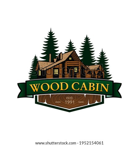 Wood cabin logo template. Cabin in the woods vector illustration. Cabin rentals logo. Chalet in the forest sticker.