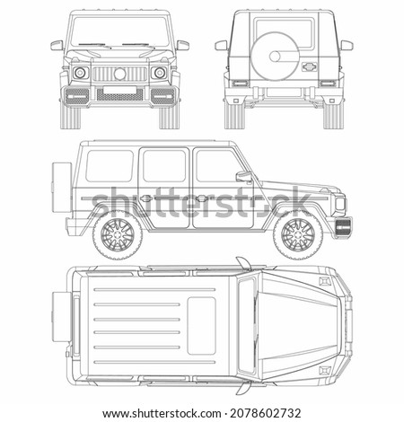 Off-road car vector template. SUV blueprint. 4x4 car on white background. Mockup template for branding. Blank vehicle branding mockup.