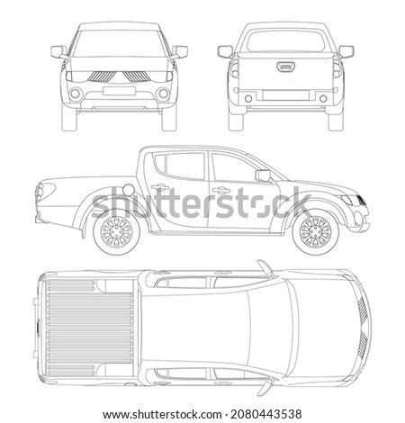 Pickup truck vector template. Truck blueprint. Double cab car on white background. Mockup template for branding.