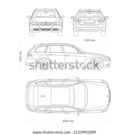 Car vector template. Car blueprint. Car on white background. Mockup template for branding. Blank vehicle branding mockup.