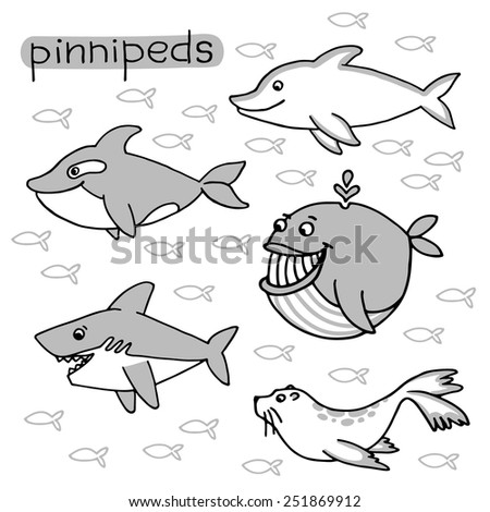 Animals underwater world set vector icons. Marine background.