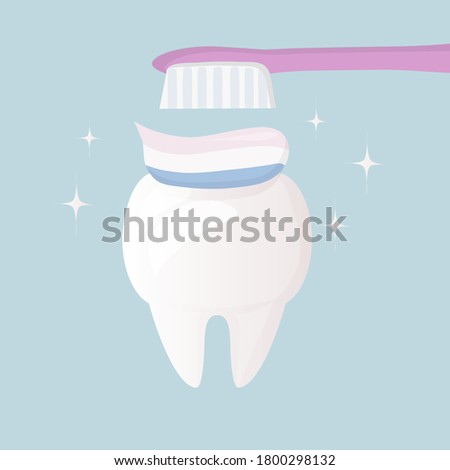 a poster about daily oral hygiene. It is important to brush your teeth properly. A healthy white tooth with a toothbrush and toothpaste for care and cleaning. Flat vector design 商業照片 © 