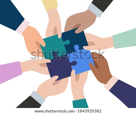 The hands of businessmen connect the pieces of puzzles into a single whole. The concept of successful business team work. Partnership and cooperation. Vector flat design. Foto d'archivio © 