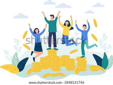 Happy people rejoice and jump. They have won or earned a lot of money. Getting a cacheback, profits, pension savings. Celebrating the victory in a successfully completed business project. vector