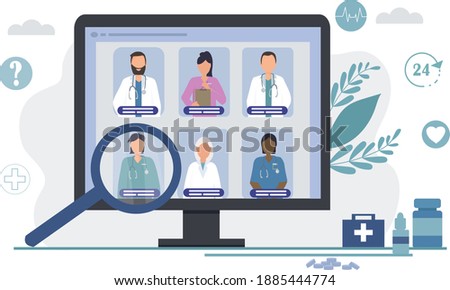 Choosing a doctor online. Telemedicine, remote medical services. Search for a specialist for medical consultation and diagnosis on the Internet.  Portraits of different specialist doctors. flat vector