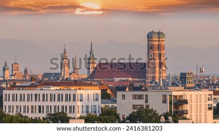 Similar – Image, Stock Photo Munich skyline, view from Monopteros temple in Englischer Garten, Germany. The image shows: Bavarian State Chancellery, Tower of St. Peter Church, Tower of New Town Hall, Frauenkirche, Theatinerkirche