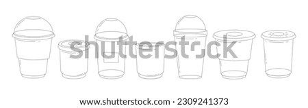 A set of plastic cups for cold drinks. Plastic cup template silhouette on isolated white background. line icon. Editable stroke. Doodle style. Vector stock illustration.