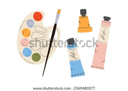 Palette with paints, acrylic colours tube, brush in paint for artist. Watercolour palette, paintbrush. Tools for drawing. Children's cute stationery subjects. Back to school, college, education, study