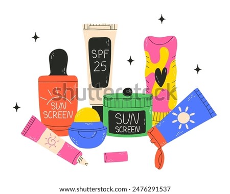 Set of Sunscreens, lotions with SPF. Sunscreen protection and sun safety. Sunscreen,cream, lotion, lipstick, spray with SPF. Sunscreen lotion isolated. hand drawn vector