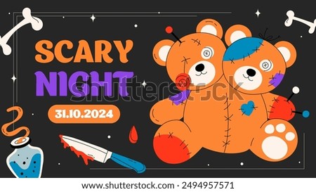 Halloween modern minimalistic design template for Website, greeting or promo banner, flyer, poster in flat style with voodoo dooll bear and other traditional Halloween elements on dark background