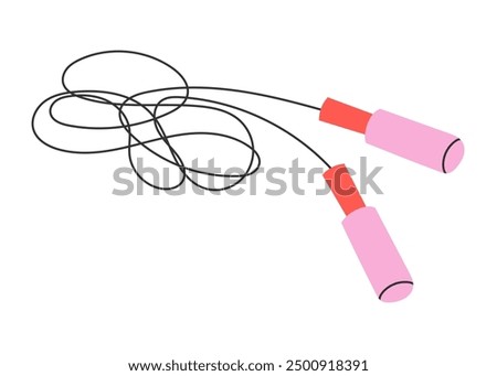 Pink skipping rope. Jumping rope. Illustration of jumping gear with plastic handles for gym. Sport exercise or fitness item. Equipment for fit training. Athlete activity and cardio workout.