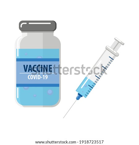 Vaccination concept. Flat vector medical illustrations for web design with syringe with vaccine, bottle and virus. Virus vaccine isolated on white background. Spray with a vaccine.