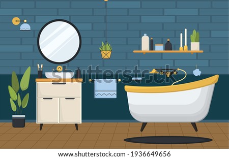 Bathroom. Clean bathroom with bathtub with sink and accessories in a modern style. Flat vector illustration. Modern bathroom interior with bathtub. Bathroom with furniture.