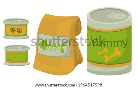 Pet food set vector flat illustration isolated on a white background. Can of canned food, a packet of food, a dish with food for animals dogs and cats and ather pets