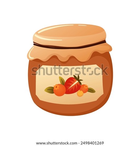 Jar of jam. Vector drawing of a glass jar with jam, tied with a napkin and hemp threads. Cute jam jar in flat style. Fruit jam with a sticker. Ceramic tableware.