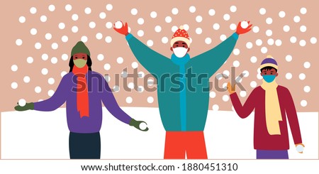 
Winter illustration of cartoon black family wearing masks and fashionable warm clothes. Flat vector. World Snow Day. Pama, mom and son are playing in the snow. An active lifestyle during a pandemic.