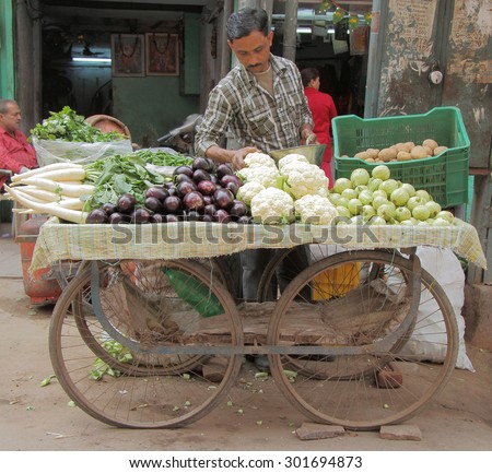 DELHI, INDIA - FEBRUARY 20, 2015: man sells vegetables in the market of Delhi, India