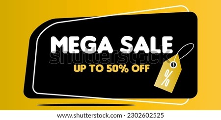 Mega sale up to 50% off. Sale banner 50% off for e-commerce or social media. Yellow gradient background and shaded 3D effect. Fountain Insaniburge
