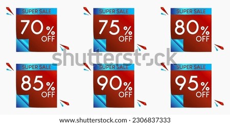Super Sale. Banner for web or social media. 70%, 75%, 80%, 85%, 90% and 95% off. With bright red and blue gradient background. Louis George Cafe Fountain