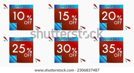 Super Sale. Banner for web or social media. 10%, 15%, 20%, 25%, 30% and 35% off. With bright red and blue gradient background. Louis George Cafe Fountain