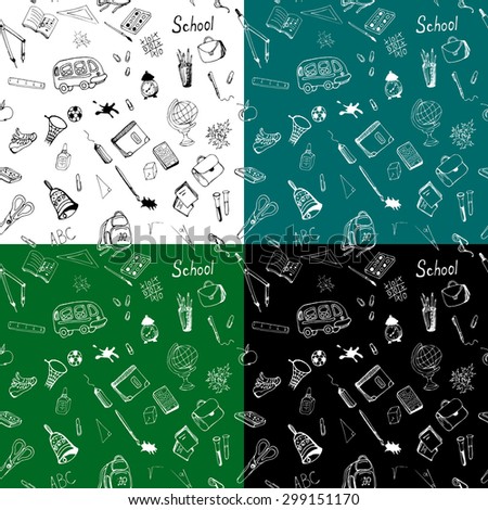Hand drawn school items seamless pattern in four color variants. Vector illustration in eps8 format.