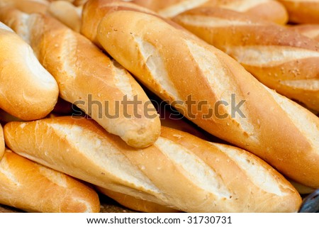 Loaves of French baguettes found along Vietnam streetside stalls.