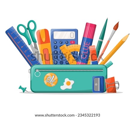 School pencil case with various stationery such as pens, scissors, ruler, calculator, glue. Back to school. Pencil box isolated on white background. Great for design banner, poster, social media, web