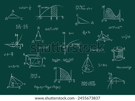 Chalk set of mathematical figures, functions, formula, calculation and equation. Hand drawn white chalked geometric triangle, square, cones and function graphs are drawn on green school chalkboard