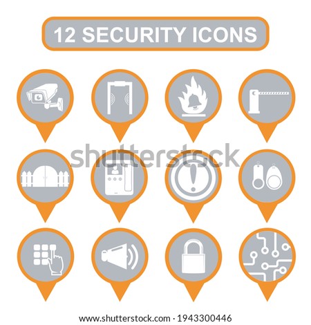 12 security icons. Video surveillance, metal detector, fire alarm, barrier, fence, intercom, signaling, electric keys, security password, warning sign, lock, motherboard.