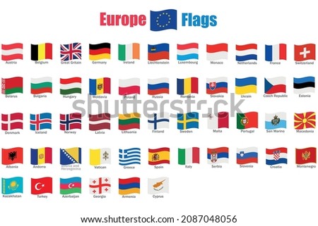 All Europe contries flags. State flags of European countries isolated on white background.
