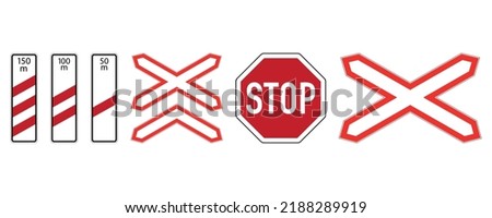 International road sign set railroad crossing isolated on white background. Railroad ahead warning traffic symbol. Vector illustration.