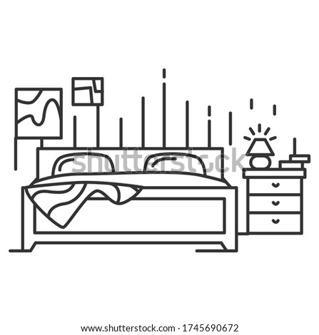 Bedroom interior line icon. Thin line icon with double bed and nightstand in sleeping room. Comfortable bedding and furniture. Home interior and lifestyle. Linear vector illustration.Editable stroke
