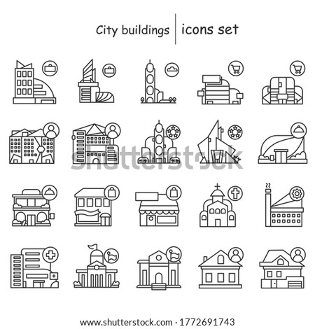 City buildings icons set. Modern architecture business and trade center, offices, housing and shops linear pictograms. Comfortable touristic navigation concept. Editable stroke vector illustrations