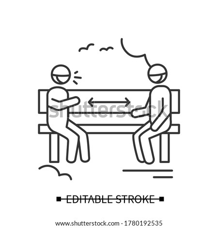 Park distancing icon. Two men keeping distance sitting on bench. Safe social communication linear pictogram. Covid pandemic friends meeting and recreation concept. Editable stroke vector illustration