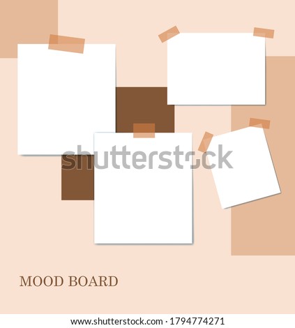 Sticky notes brown color mood board template. Decorative vector collage composition for office memos pad, pins, sticky notes board and duct tape notes, presentation and photo frame