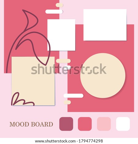 Pink shades palette floral style, round and rectangle shape mood board template. Decorative vector color collage composition for office presentation and motivation photo frame assemble