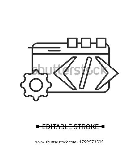 Custom coding icon. Web page and gear, concept pictogram of custom service web programming. Editable stroke linear vector illustration for backend development, ui, blog and programming business 