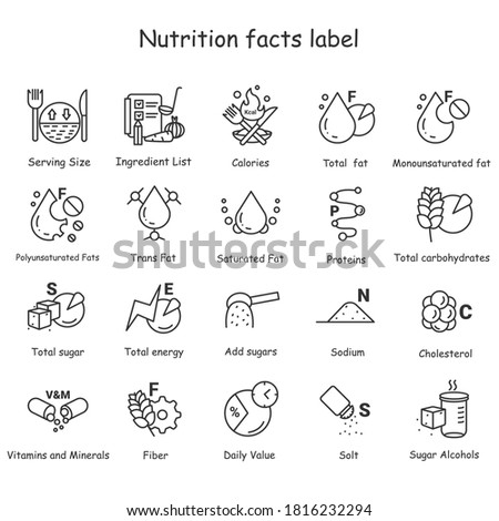 Nutrition facts line icons set. Nutrition supplements.Healthy, balanced eating. Fats, carbs, vitamins, minerals, and more. Nutrition facts concept.Isolated vector illustrations. Editable stroke