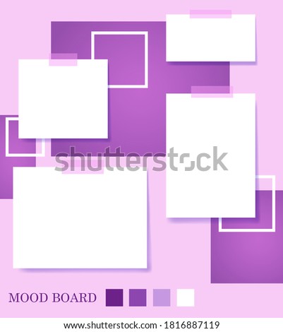 Square shape violet shades color mood board template.Decorative office memos pad, pins, sticky notes board and duct tape notes.Vector collage composition for branding presentation and photo frame