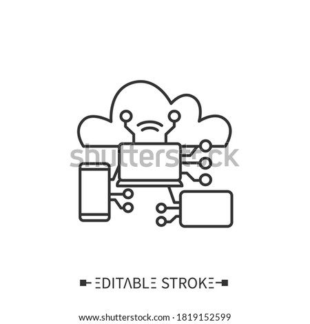 Internet of things line icon. Outline drawing. Digital smart technologies concept. Main computer connecting other gadgets to cloud storage. Isolated vector illustration. Editable stroke