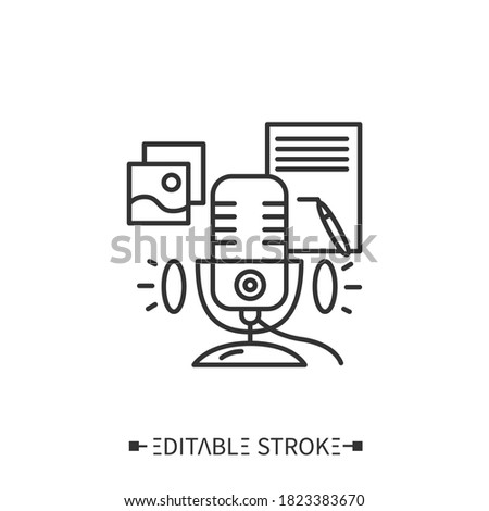 Podcast script line icon. Show plan, shownotes, time codes, links and materials in description. Internet digital recording, online broadcasting concept. Isolated vector illustration. Editable stroke 