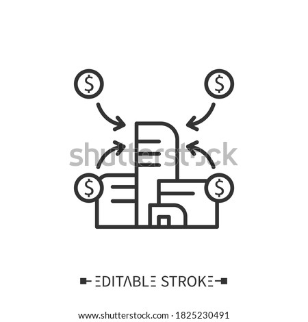 Financial synergy icon. Corporate building surrounded by dollar income circles. Outline drawing. Acquisition and merger financial benefits concept. Isolated vector illustrations. Editable stroke 