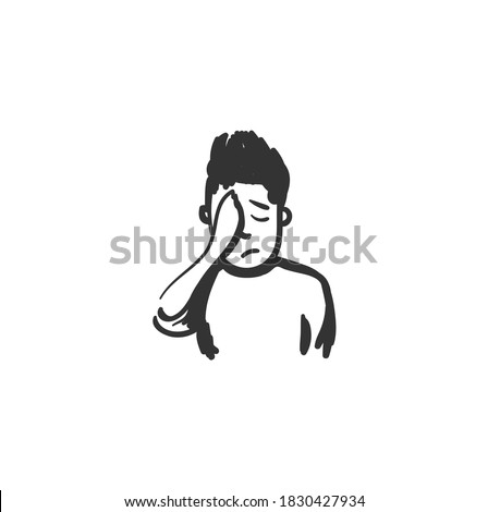Shame feeling icon. Ashamed or disappointed man. Outline sketch drawing. Human emotions and feelings concept. Tiredness, headache, shyness expression. Isolated vector illustration